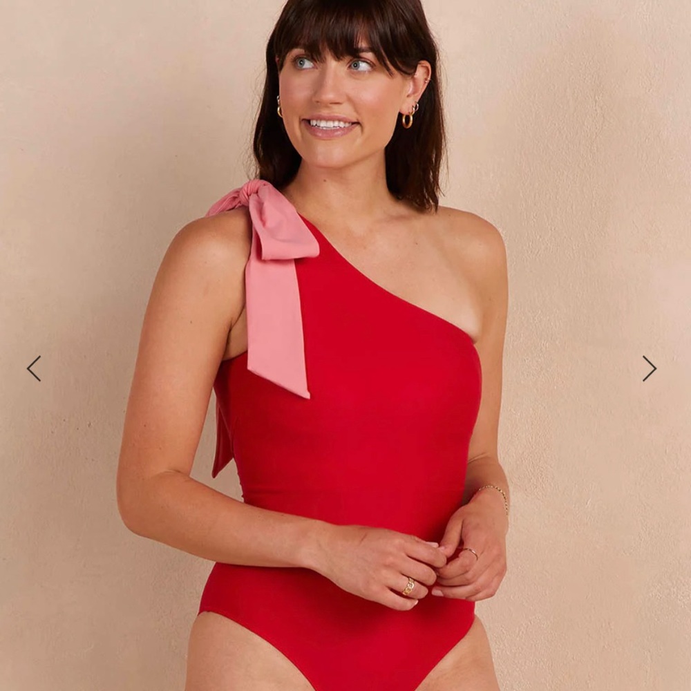 summersalt One-Shoulder Red One-Piece Swimsuit with Pink Tie
